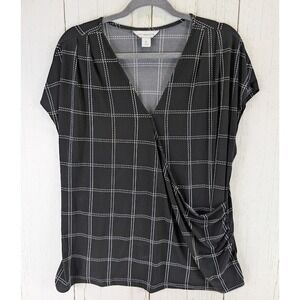 Liz Claiborne Size XL Black White Checkerboard Plaid Office Wrap Front Top‎